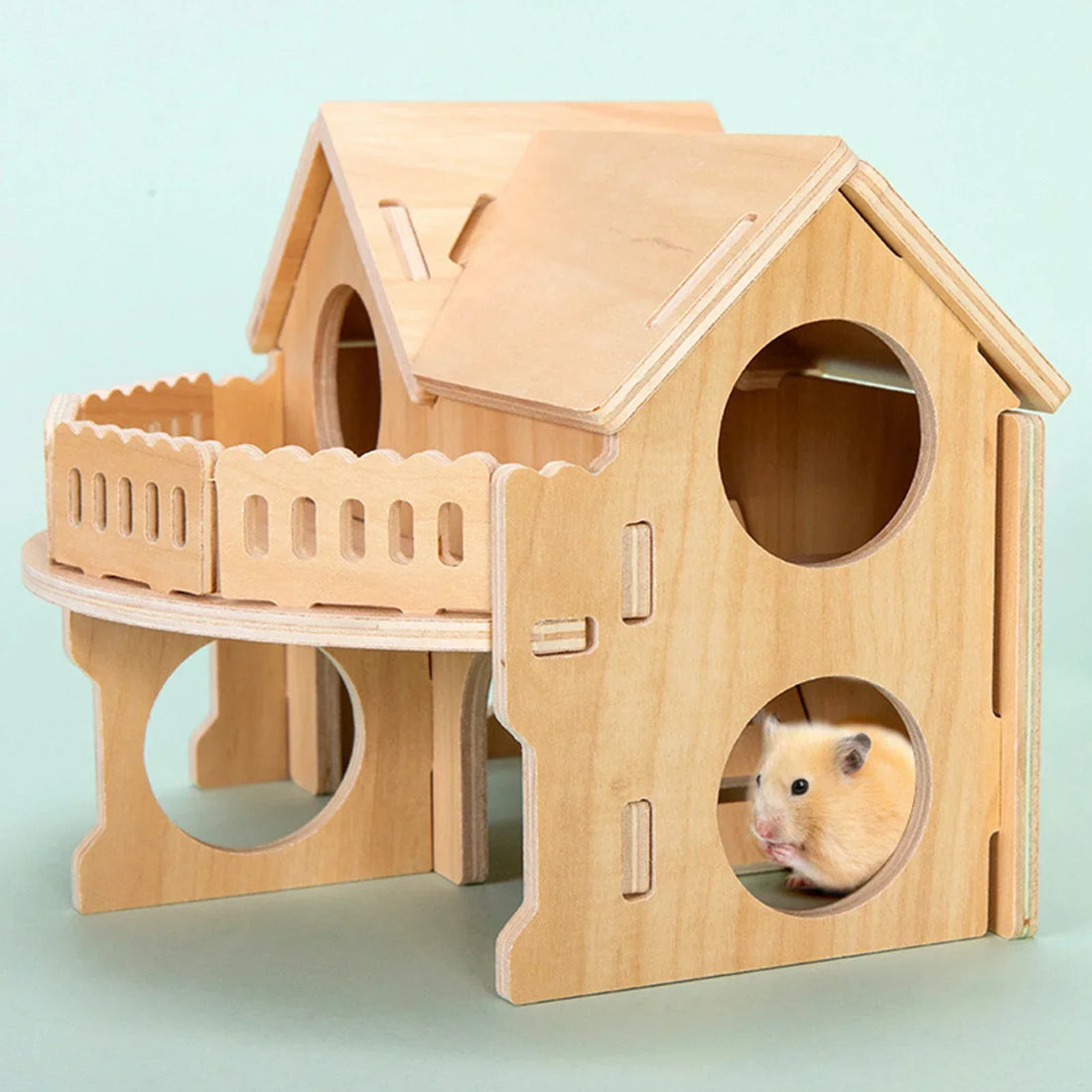 Wooden seesaw swing toy for hamster enrichment from Burrowly.