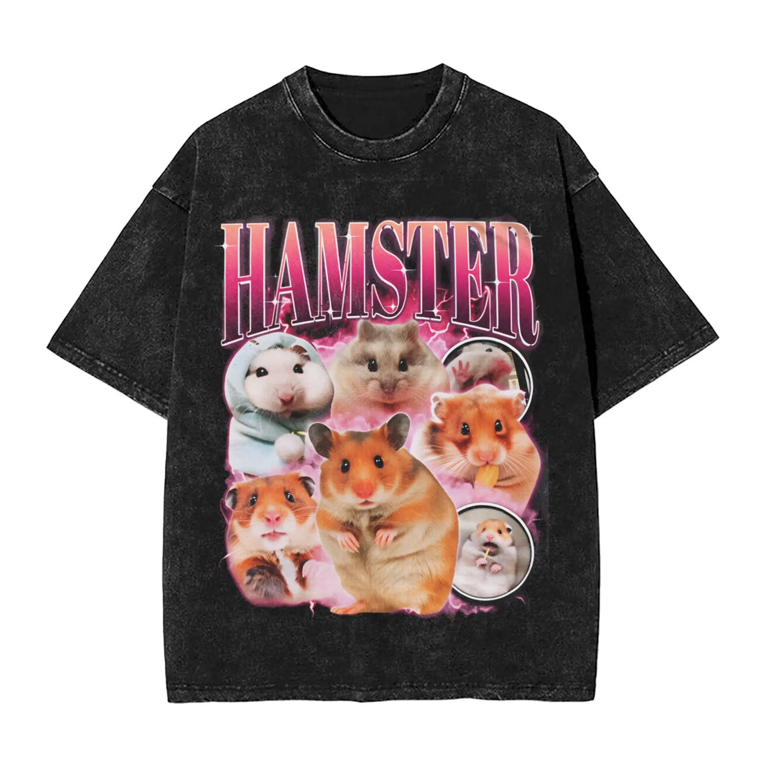 Cyber Hamster Meme Funny Animal Washed T Shirts Streetwear Hip Hop Vintage T-Shirt Tees Tops Men Women Cotton High Street Summer