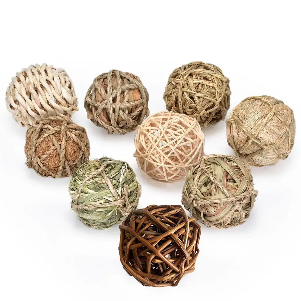 9-Piece Willow Branch Chew Ball Set for guinea pigs, rabbits, hamsters, and chinchillas from Burrowly small pet supplies.