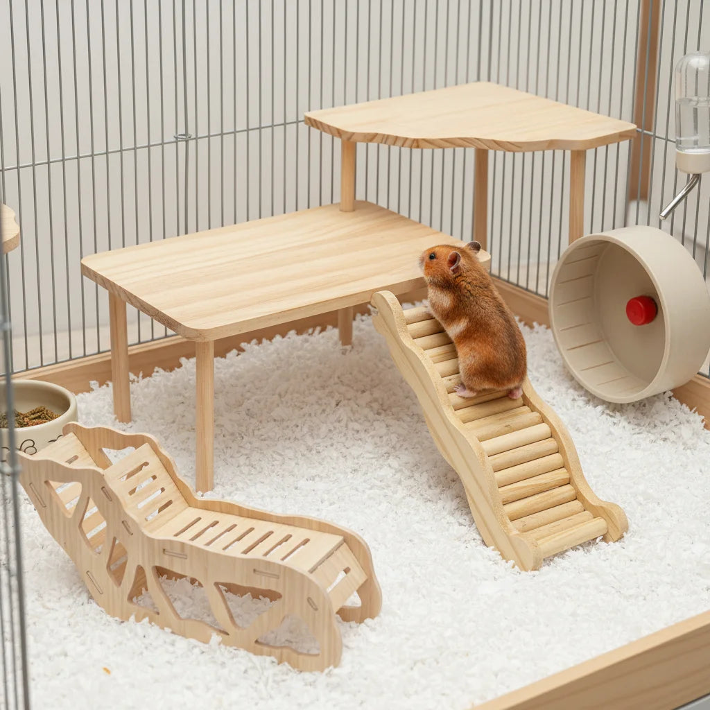 Wooden-hamster Cage with Two Level Platforms and Stairs Fan Shaped Design for Burrowly cozy hides and small pet care.