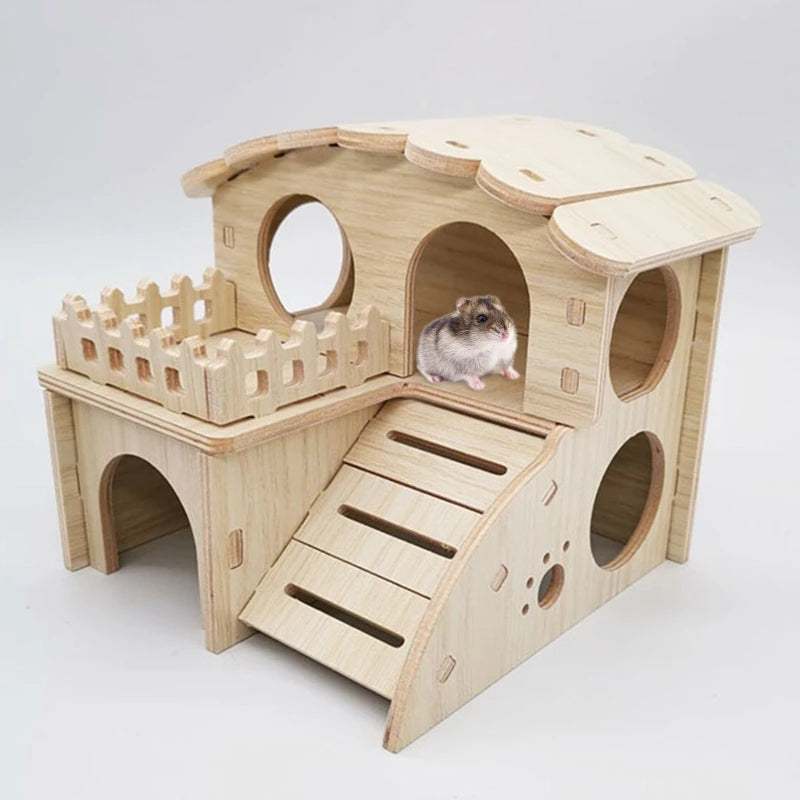 Pet Small Animal Hideout Hamster House Luxury Two Layers Wooden Climbing
