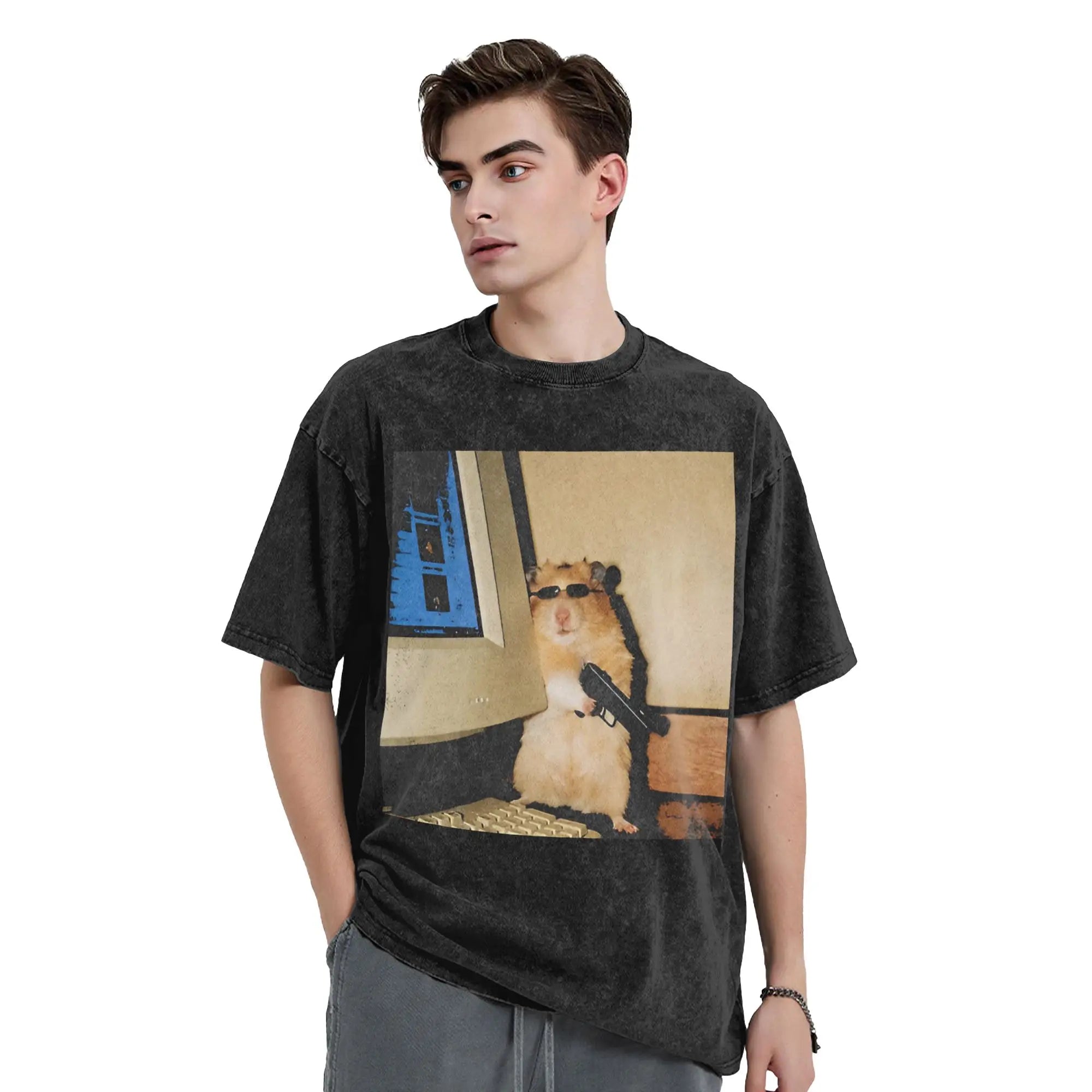 Cyber Hamster Meme Funny Animal Washed T Shirts Streetwear Hip Hop Vintage T-Shirt Tees Tops Men Women Cotton High Street Summer