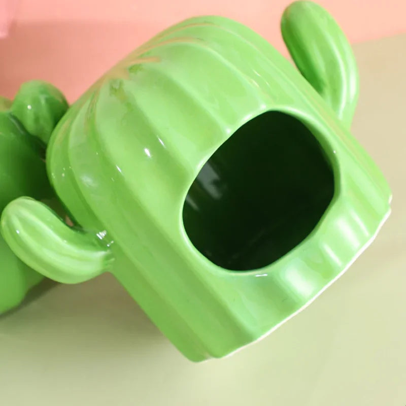 Hamster Ceramic Nest Green Cactus Theme Feeding Bowl Water Bottle Holder