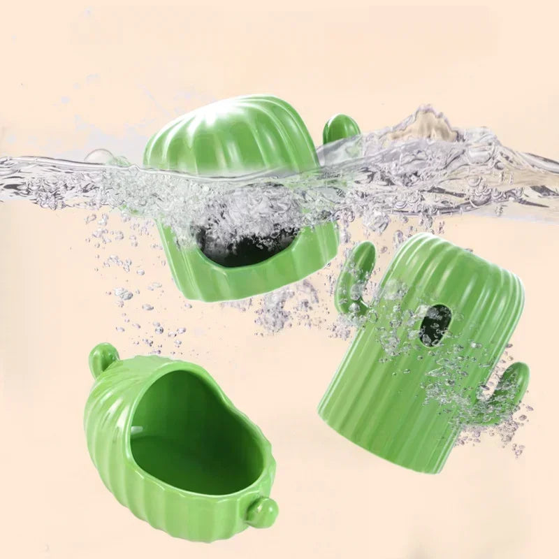 Hamster Ceramic Nest Green Cactus Theme Feeding Bowl Water Bottle Holder