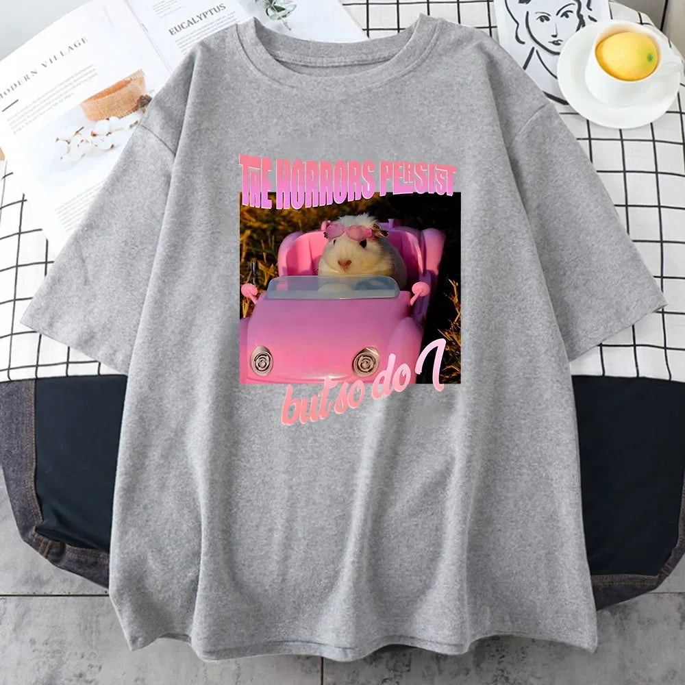 Sad hamster horror continues, but I am the same T-shirt with pink pattern printed cartoon T-shirt, women's soft T-shirt
