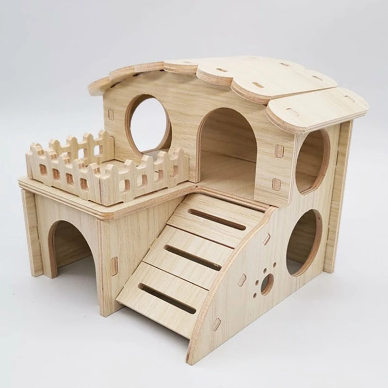 Pet Small Animal Hideout Hamster House Luxury Two Layers Wooden Climbing