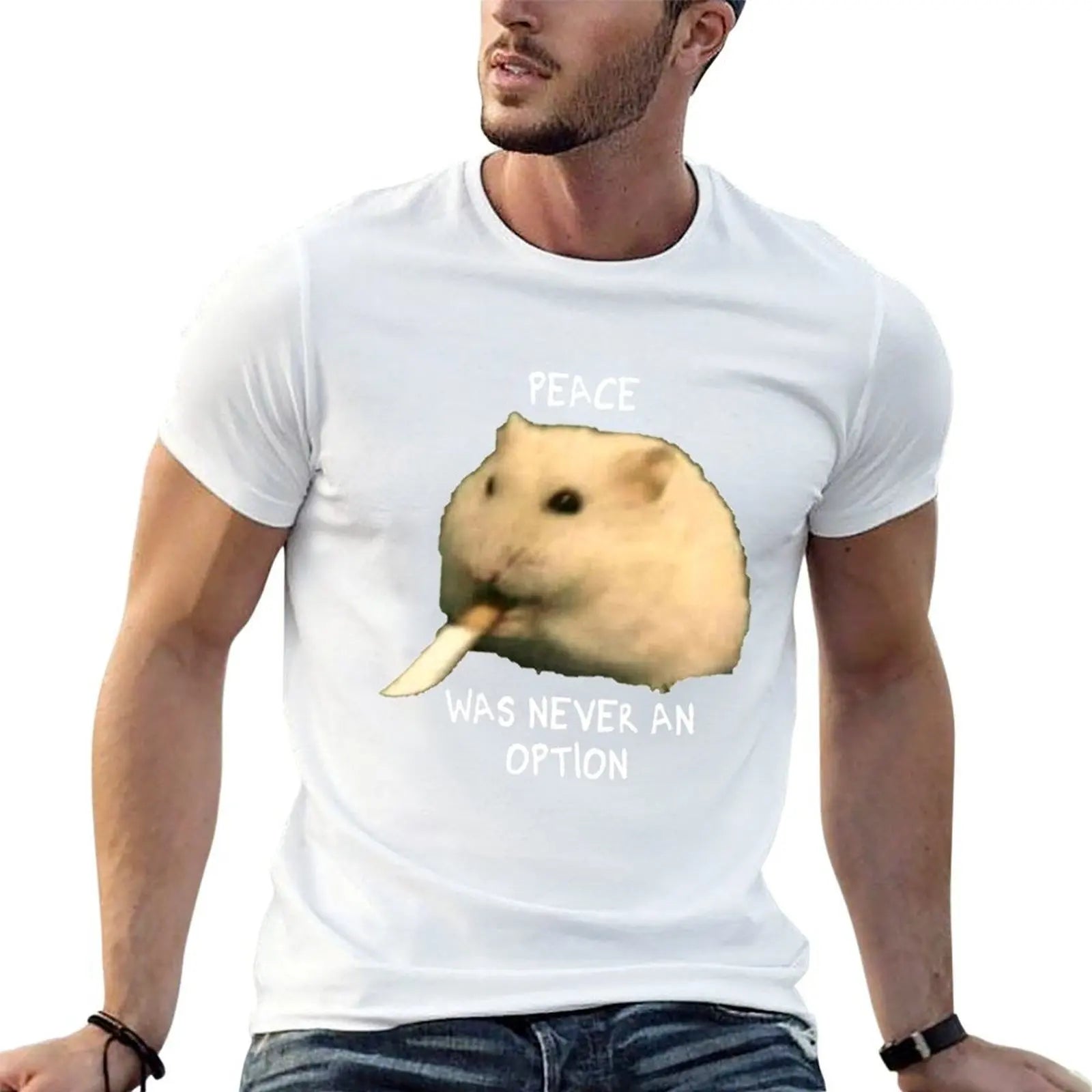 Hamster with knife - Peace was never an option T-Shirt printed t shirts for man cotton t shirt man T-Shirt