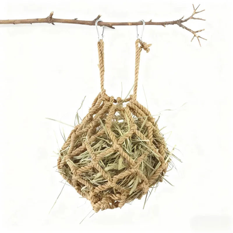 Hanging hay ball feeder for rabbits, guinea pigs, and chinchillas from Burrowly.