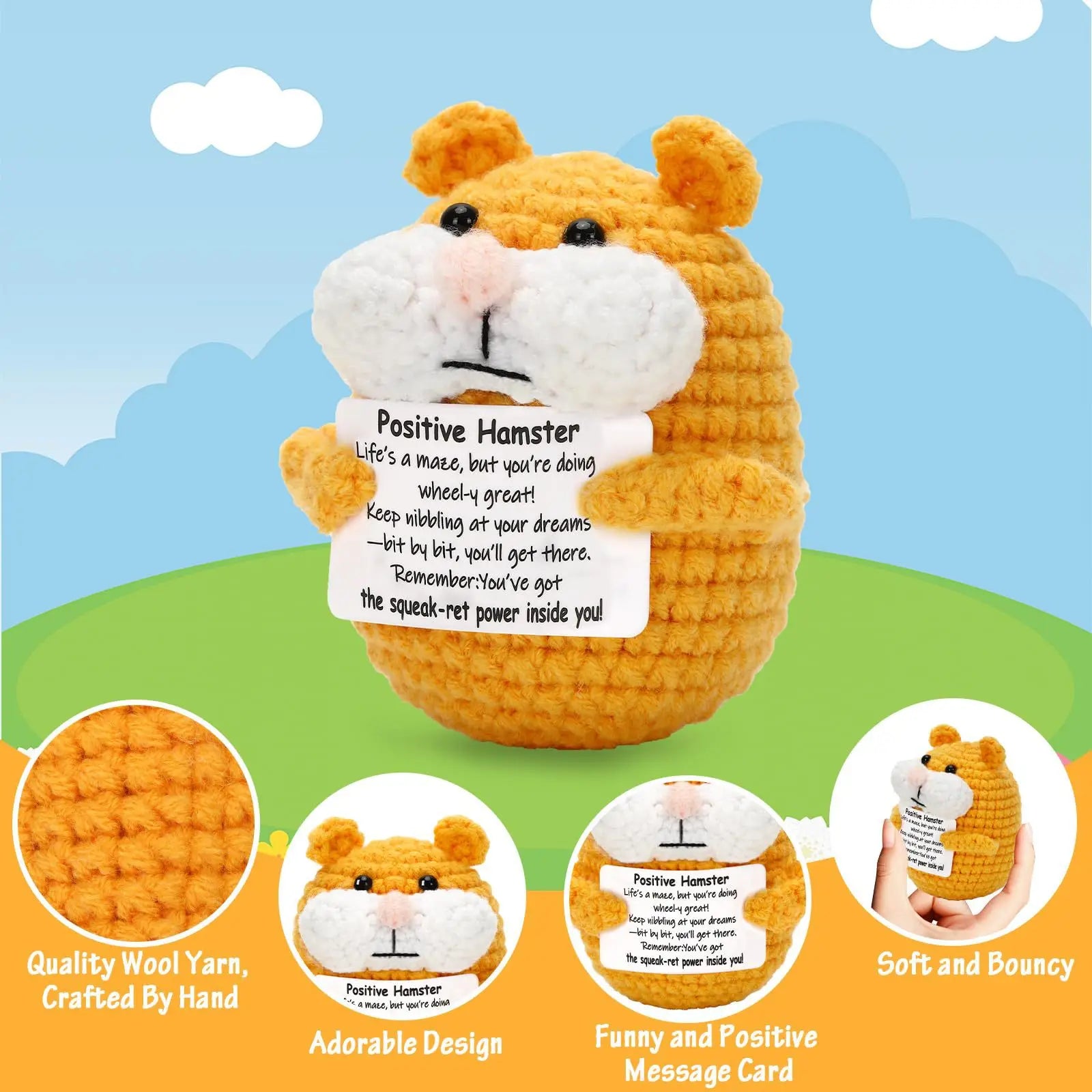 Funny Crochet Positive Hamster Doll with Card Home Room Decoration Handmade Knitted Hamster Desktop Ornament Christmas Gifts