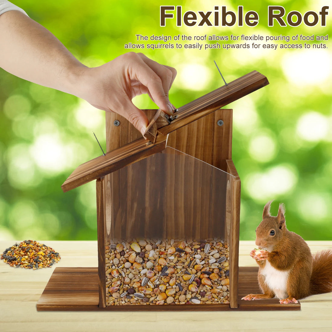 Squirrel Feeder For Outside Wooden Chipmunk Feeder Squirrel House For Corn, Peanuts Large Capacity Squirrel Feeding Stations