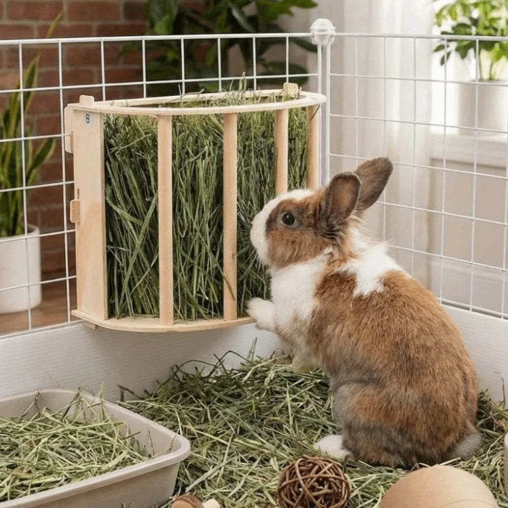 Wooden bunny hay feeder rack for Burrowly small pet forage routines.