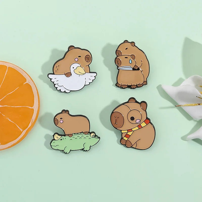Cute Animal Capybara Enamel Pins Cartoon Partridge Crocodile Magic Scarf Cavy Lapel Badges Backpack Jewelry Gifts For Kids