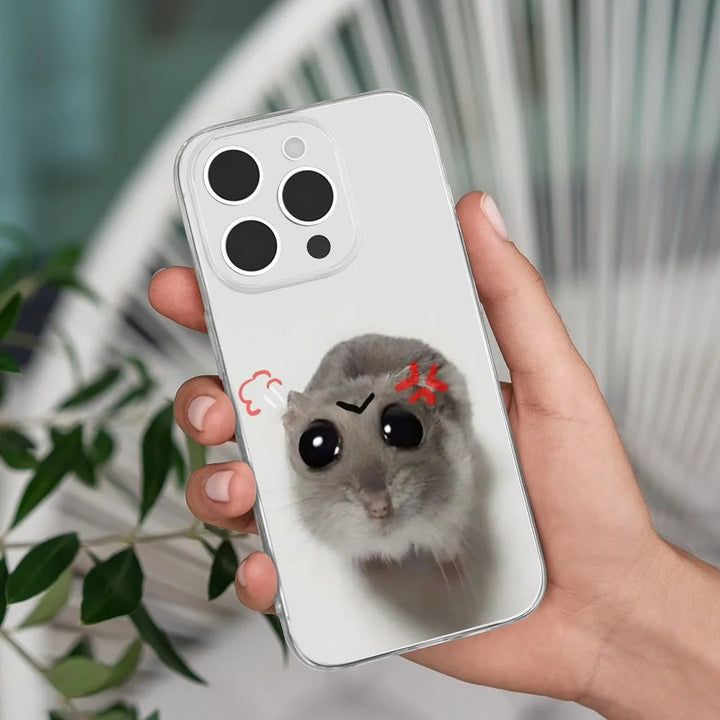 Sad Hamster Meme Phone Case For iPhone 16,15,14,13,12,11 Pro,Max,Plus,X,XS,XR,7,8 Plus,SE,Mini Transparent Silicone Soft