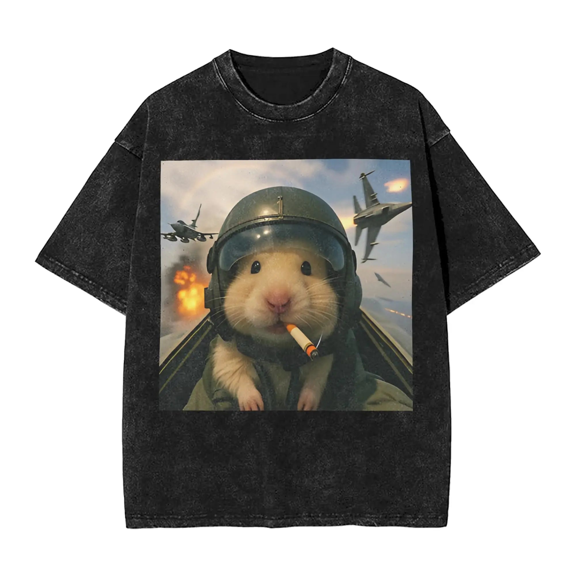 Cyber Hamster Meme Funny Animal Washed T Shirts Streetwear Hip Hop Vintage T-Shirt Tees Tops Men Women Cotton High Street Summer