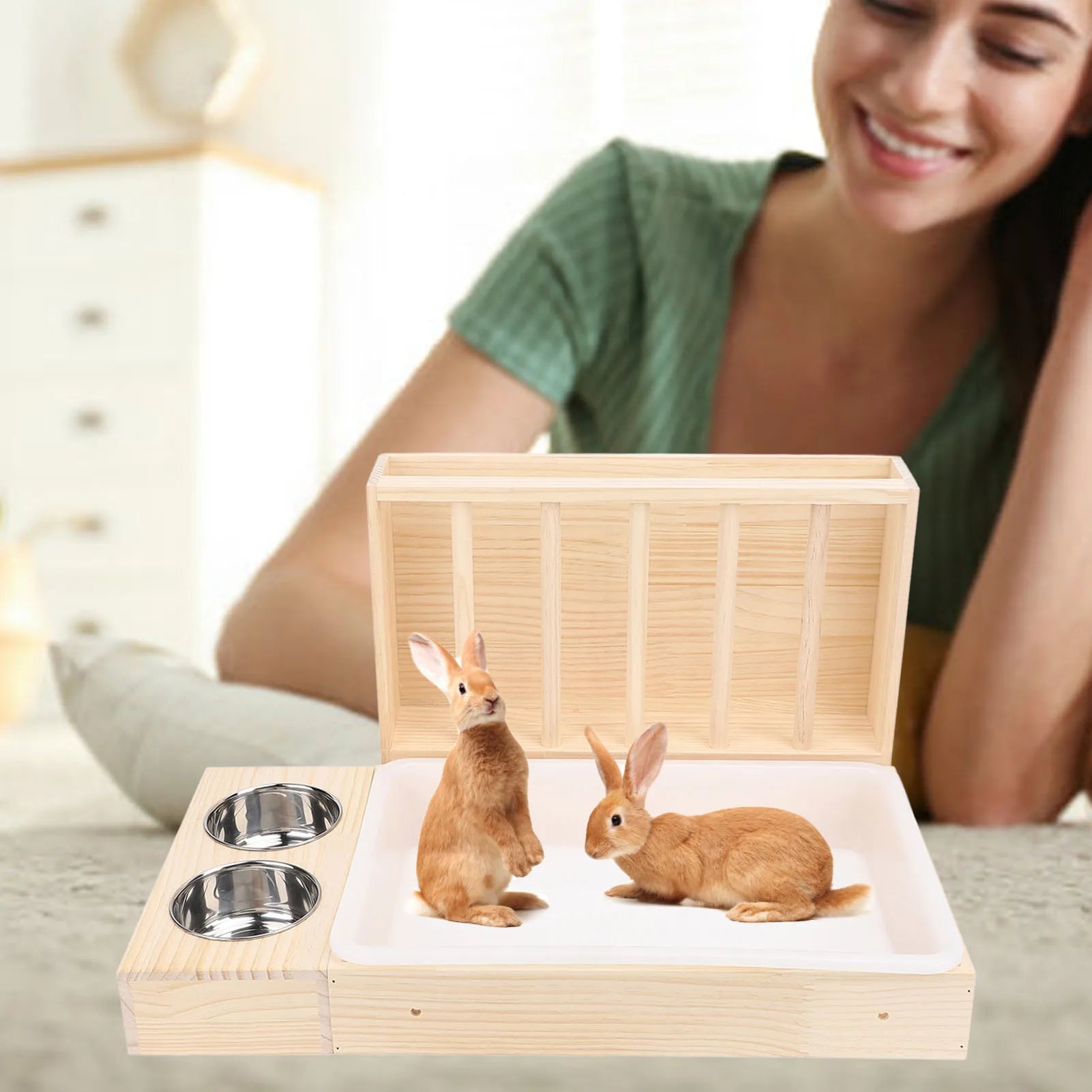 Rabbit Hay Feeder Easy to Assemble Mess Proof Wooden Food Feeding Manger
