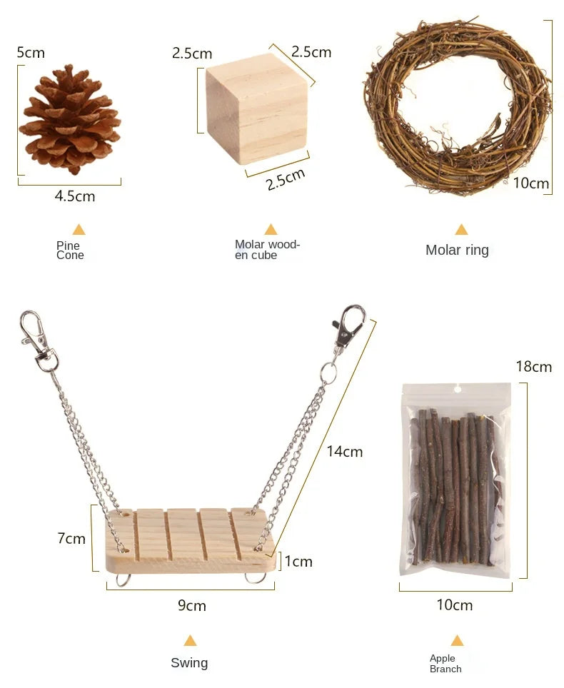 Hanging Grass and Wood Chew Toy Set for rabbits, guinea pigs, hamsters, and chinchillas from Burrowly small pet supplies.