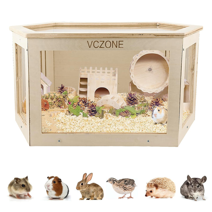 Hexagonal Wooden Hamster Habitat with Acrylic View for hamsters and guinea pigs from Burrowly.