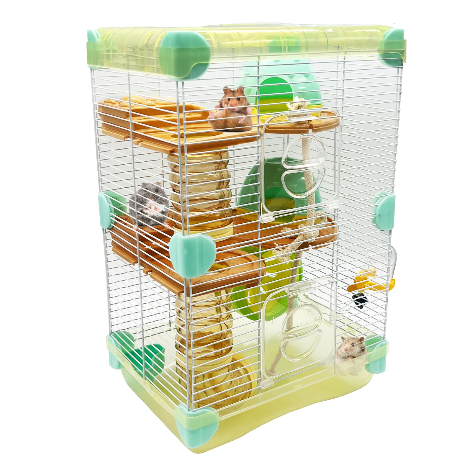 Portable 3-Floor Hamster Habitat Cage with Accessories - Yellow