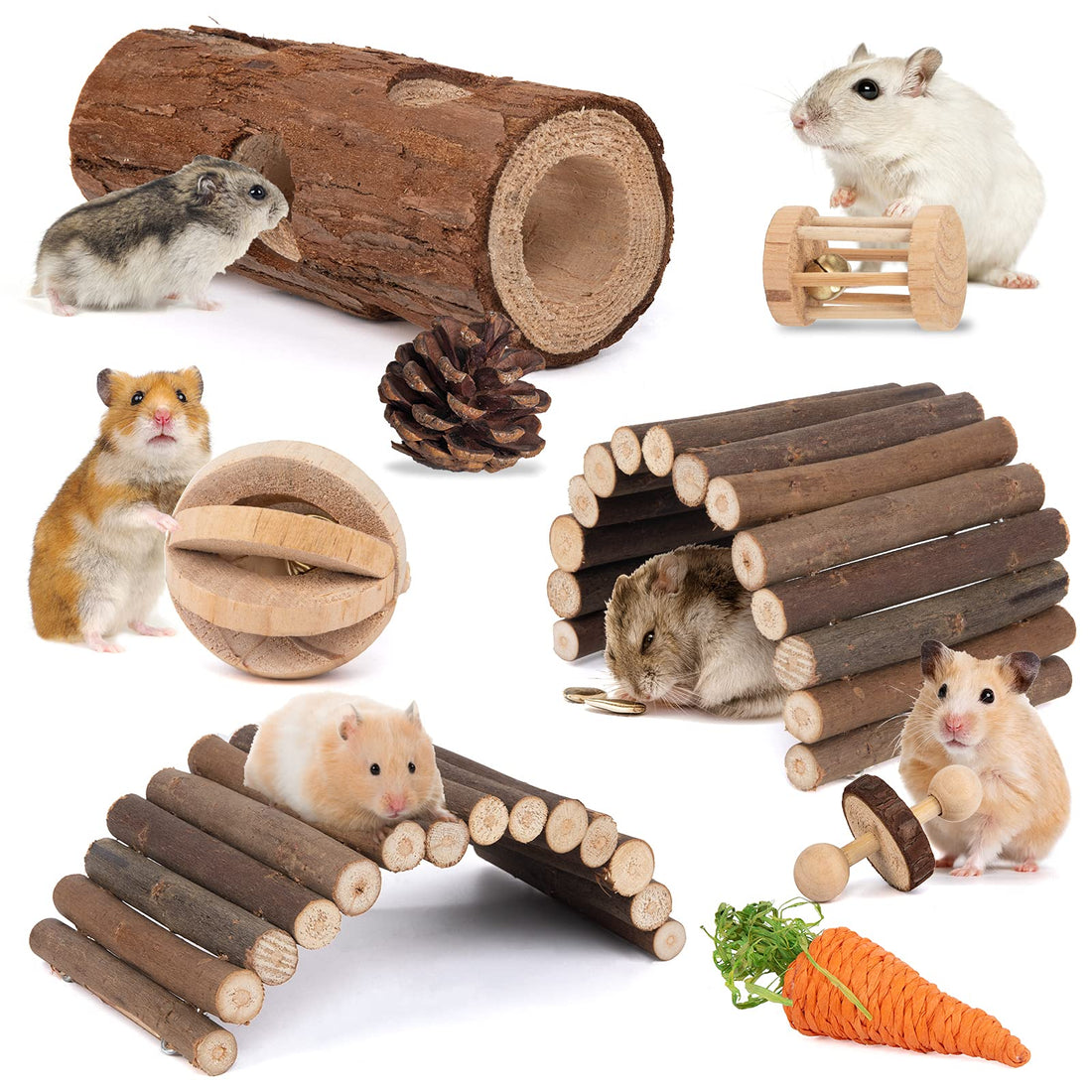 Natural Wooden Chew Toy Set for Hamsters, Rats & Chinchillas