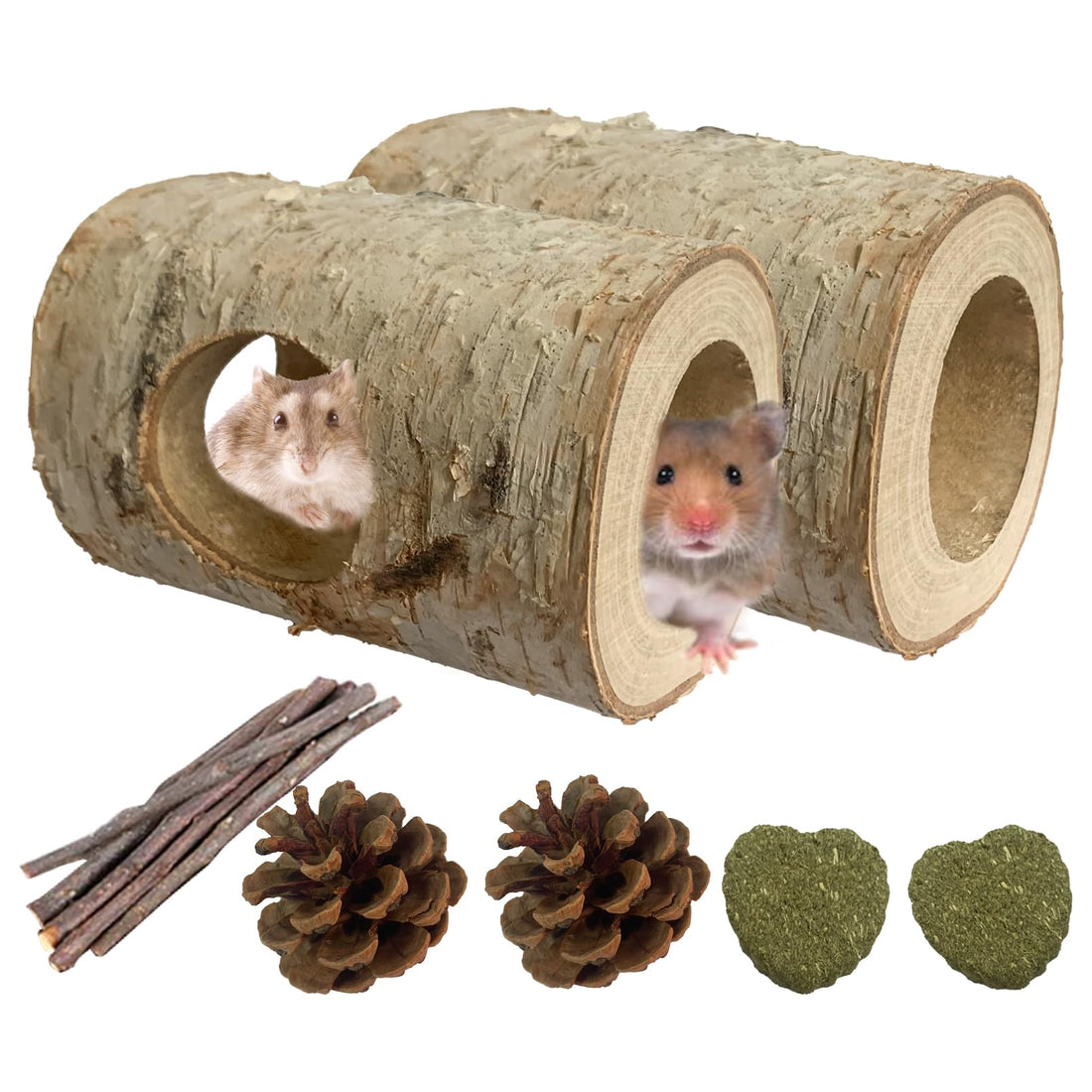 Natural Wooden Hamster Tunnel and Hollow Tree Chew Toy Set