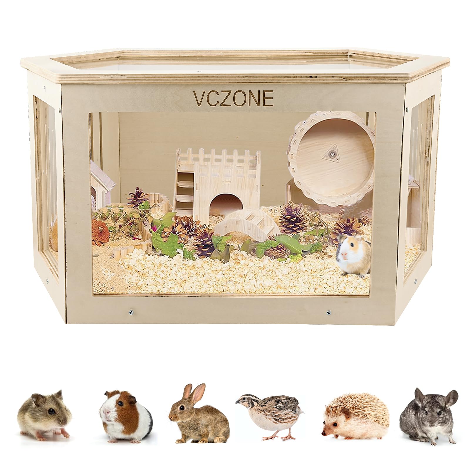 Hexagonal Wooden Hamster Habitat with Acrylic View for hamsters, guinea pigs from Burrowly small pet supplies.