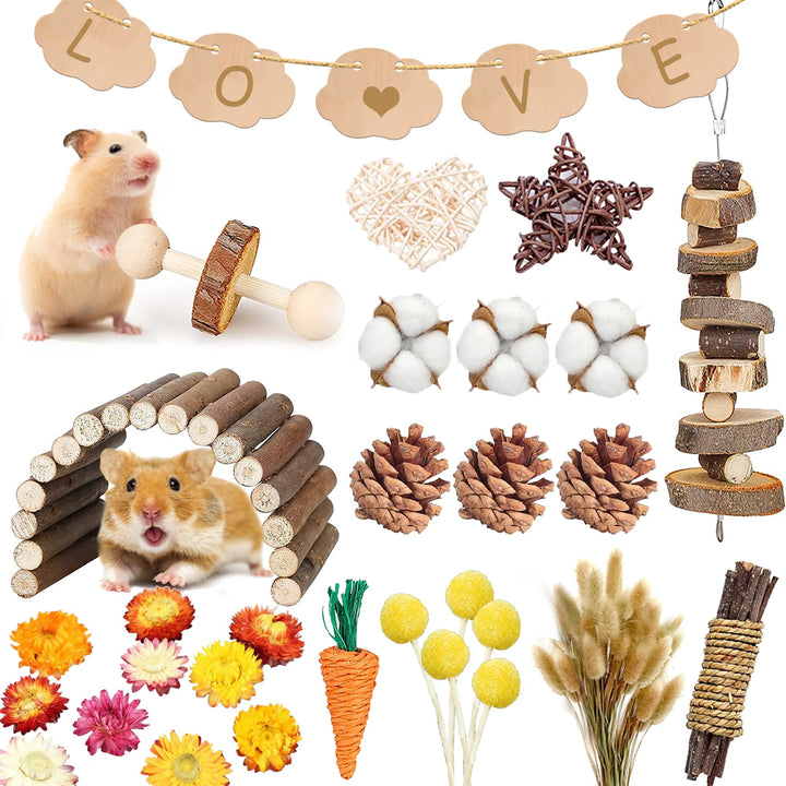 Wooden Hamster Chew Toy and Flower Decor Set for hamsters, guinea pigs, rats and mice, chinchillas from Burrowly small p