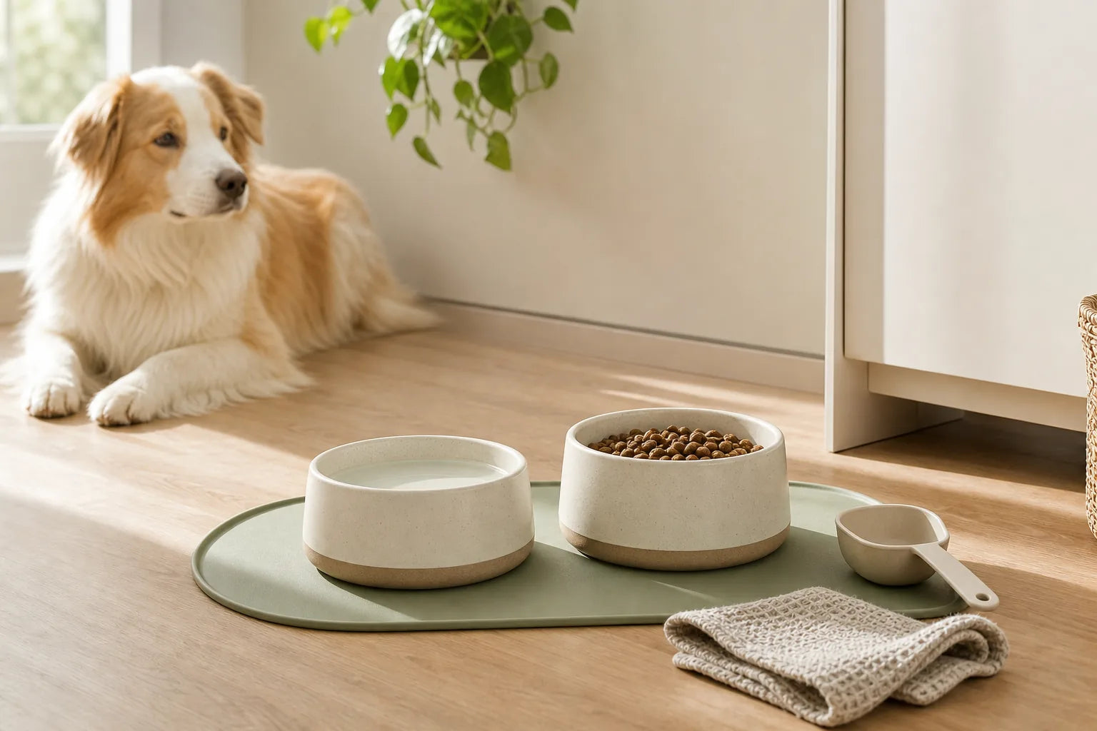 Ceramic pet feeding bowls in a warm modern home