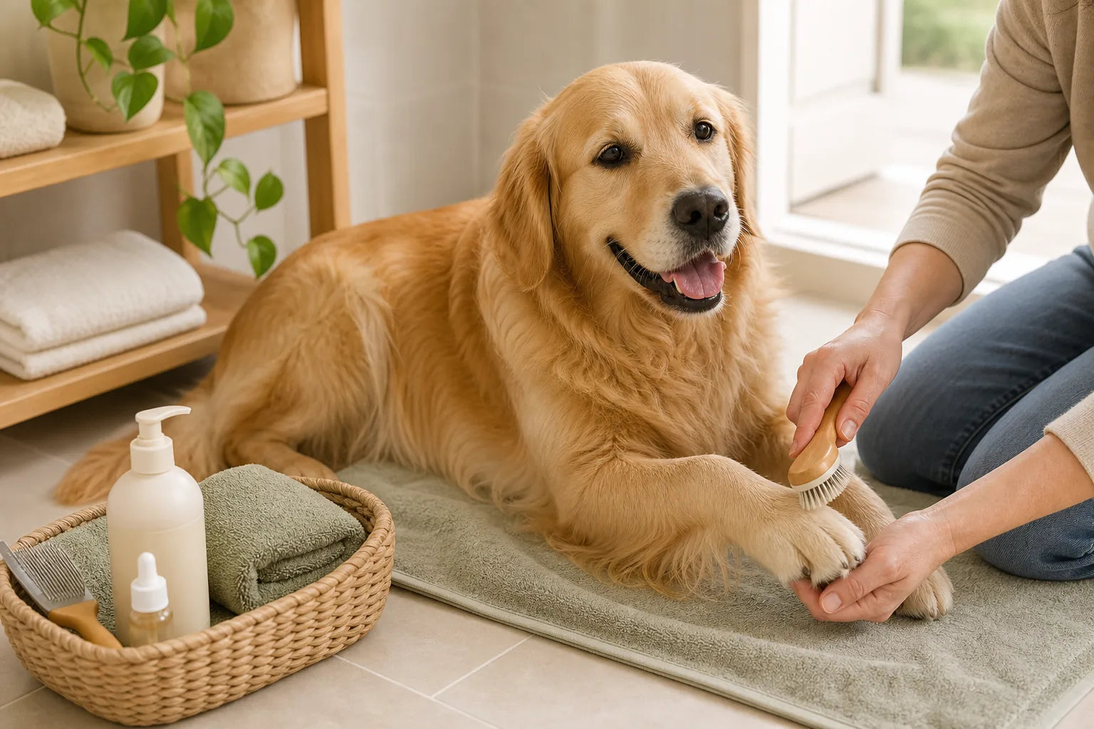 Dog receiving gentle grooming care in a clean home setting