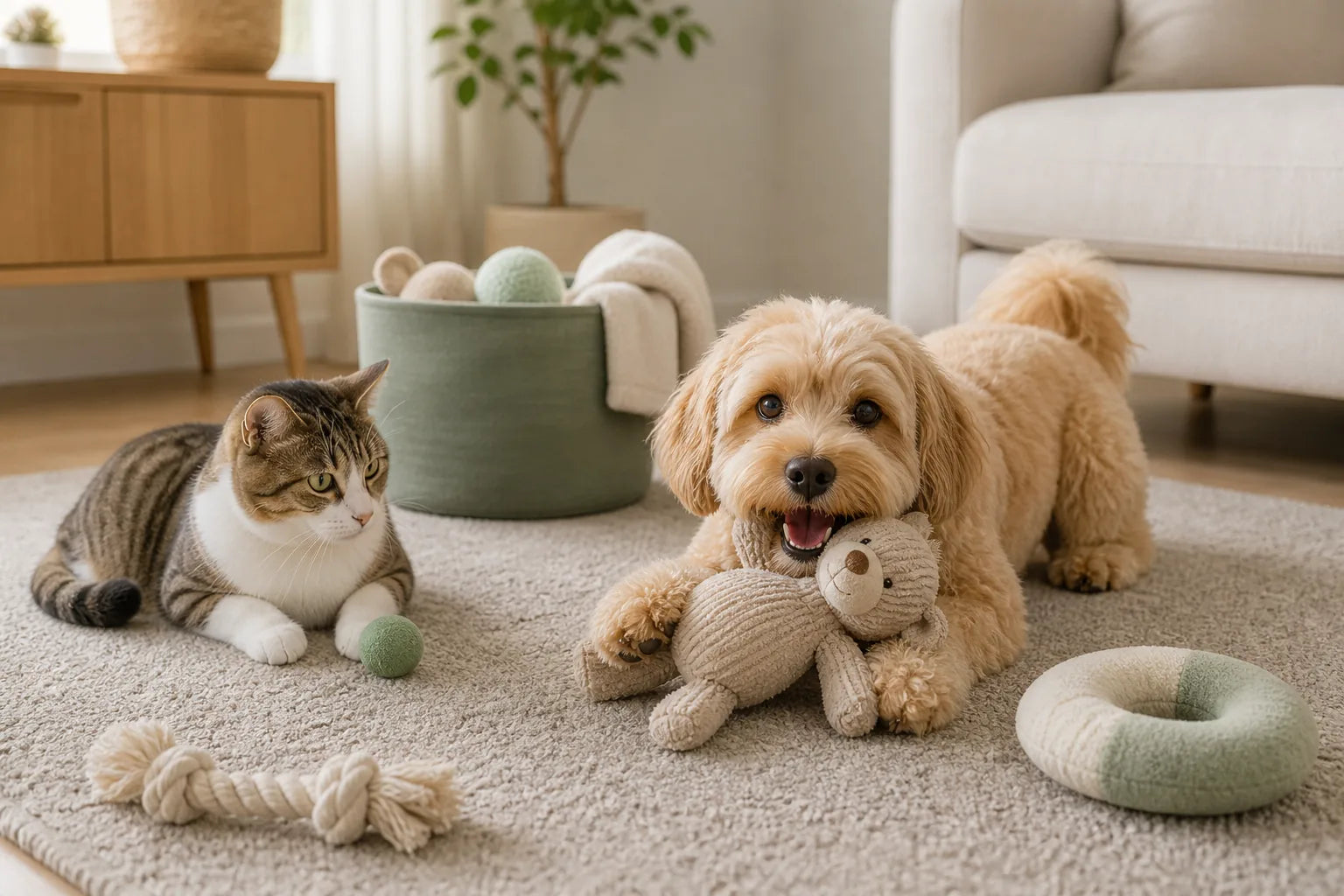 Dog and cat playing with soft pet toys in a tidy living room