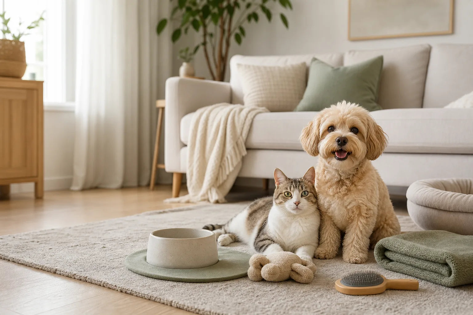Dog and cat relaxing with pet essentials in a warm modern home